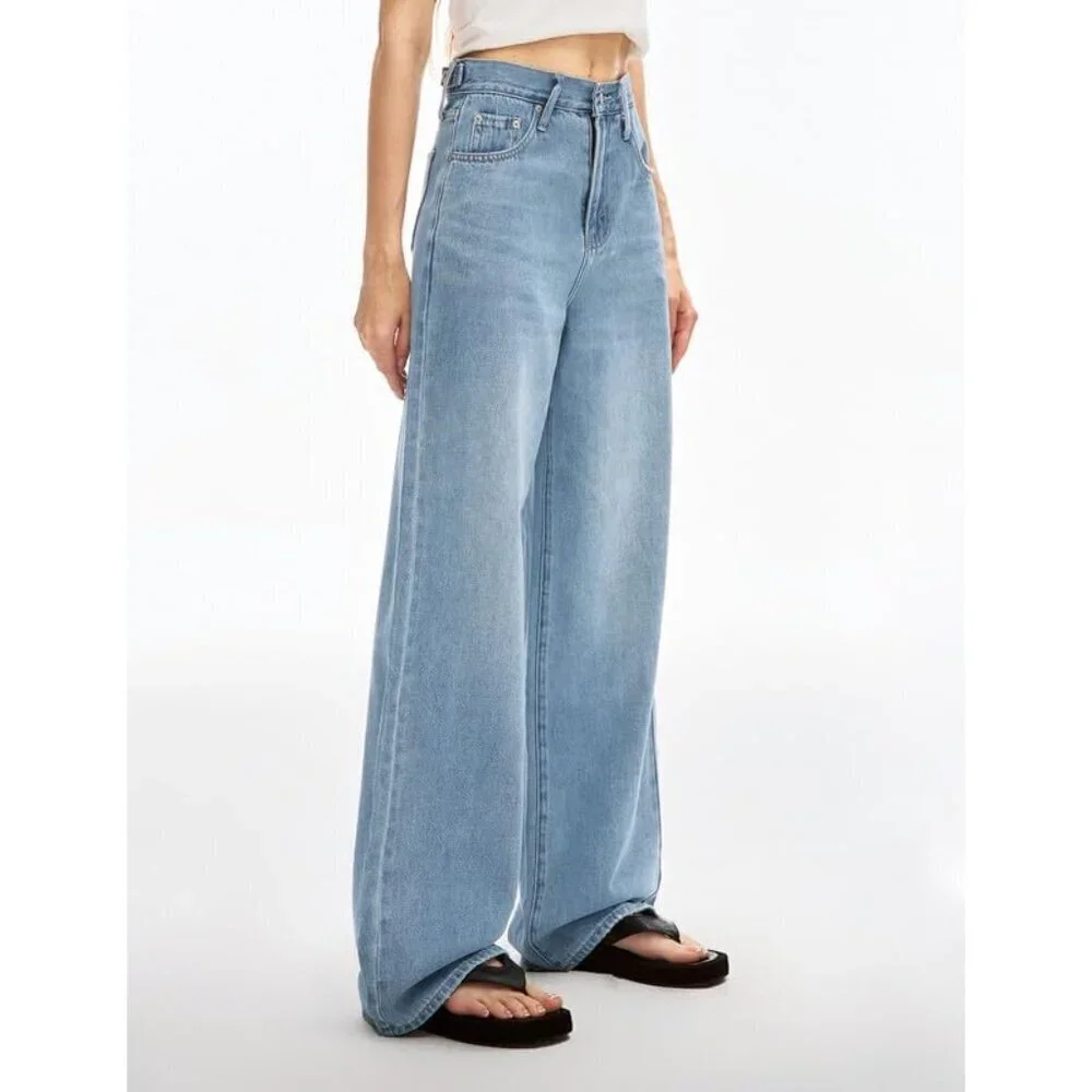 Women's Wide Leg High Rise Baggy Jeans Light Blue 28 Adjustable Snap